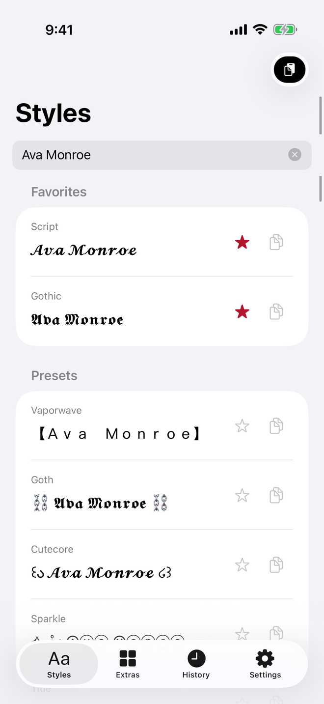 Typelace style picker showing Ava Monroe in Script, Gothic, and ready-made presets.